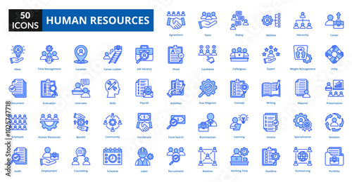 Human Resources blue icon collection set. Includes talent, opportunity, efficiency, skill, supply, solution, system, control, source
