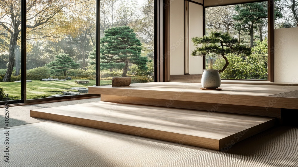 A serene Japandi-style home meditation space featuring a tatami mat floor A serene Japandi-style home meditation space featuring a tatami mat floor