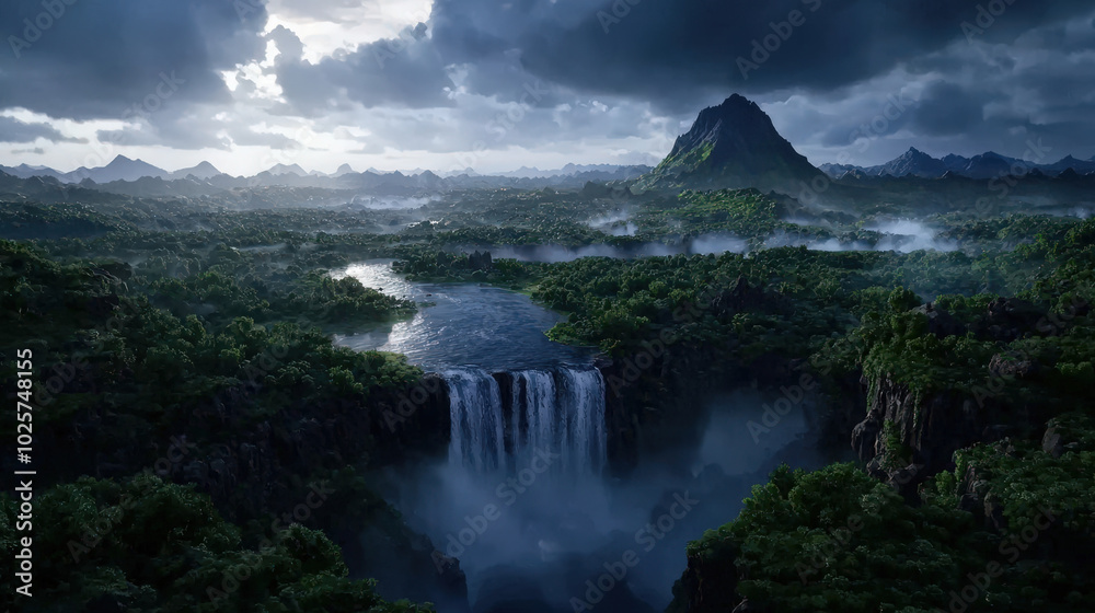 Obraz premium Majestic waterfall cascading into lush green valley, surrounded by mountains and dramatic dark clouds. scene evokes sense of mystery and tranquility
