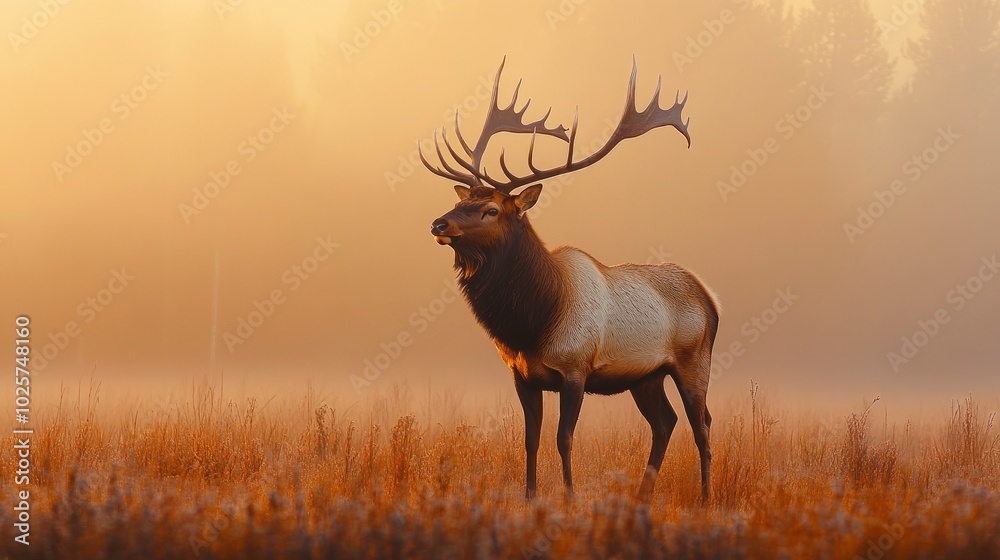 Obraz premium A serene photograph of a solitary elk standing in a misty meadow at dawn. The elkâ€™s impressive antlers and calm demeanor are illuminated by the soft, golden light of the early morning, creating a