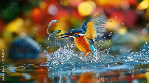 A striking photograph of a colorful kingfisher diving into a clear, sparkling river to catch a fish. The kingfisherâ€™s vibrant plumage and the splash of water create a lively and action-packed scene photo