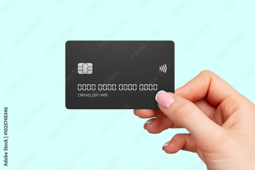 Hand showing credit card, or card, or business card or voucher, isolated on white background, template, mock-up Hand showing credit card, or card, or business card or voucher, isolated on white background, template, mock-up