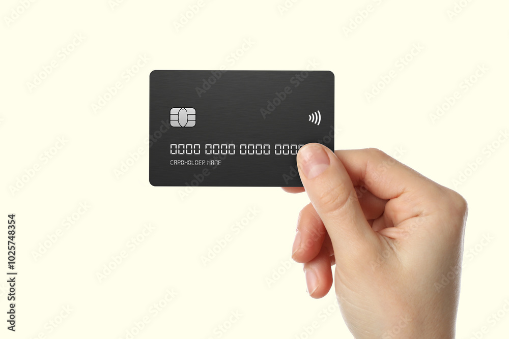Hand showing credit card, or card, or business card or voucher, isolated on white background, template, mock-up Hand showing credit card, or card, or business card or voucher, isolated on white background, template, mock-up