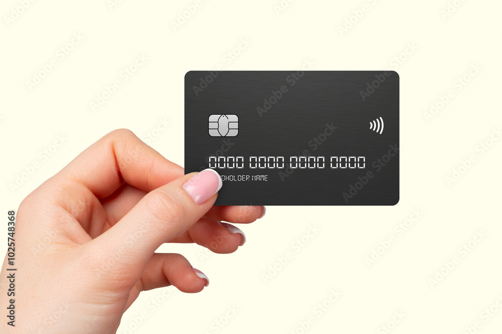 Hand showing credit card, or card, or business card or voucher, isolated on white background, template, mock-up Hand showing credit card, or card, or business card or voucher, isolated on white background, template, mock-up