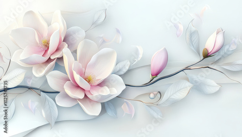 Delicate pink magnolia flowers bloom gracefully on soft background, showcasing their elegant petals and leaves. This serene floral design evokes sense of tranquility and beauty