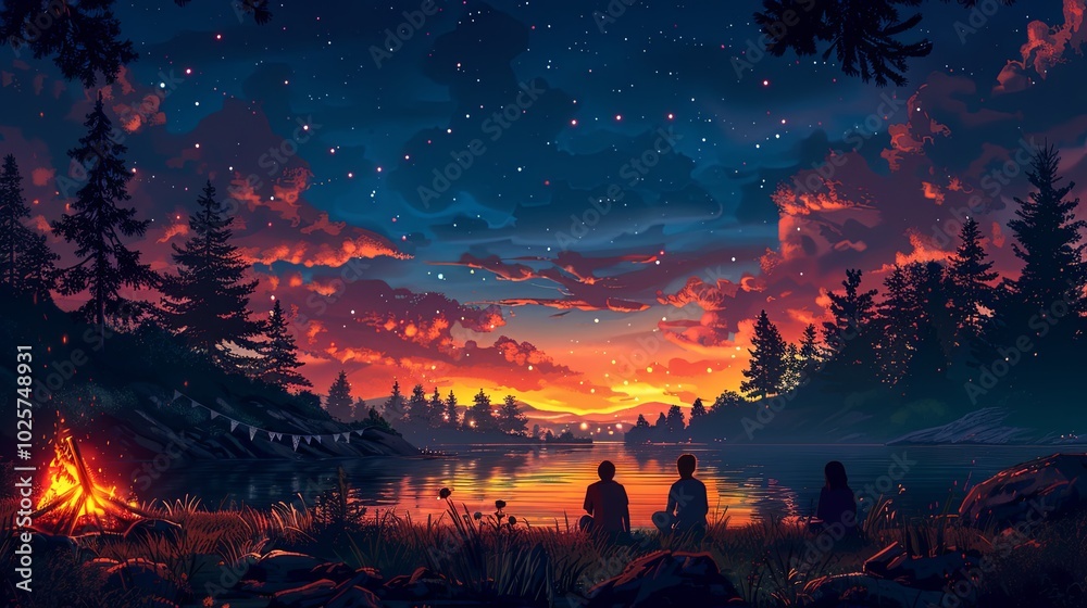 gouache illustration of night gatherings around a campfire in the village. children's silhouettes near the campfire on the background of a night house with a garland. outdoor Leisure gouache illustration of night gatherings around a campfire in the village. children's silhouettes near the campfire on the background of a night house with a garland. outdoor Leisure