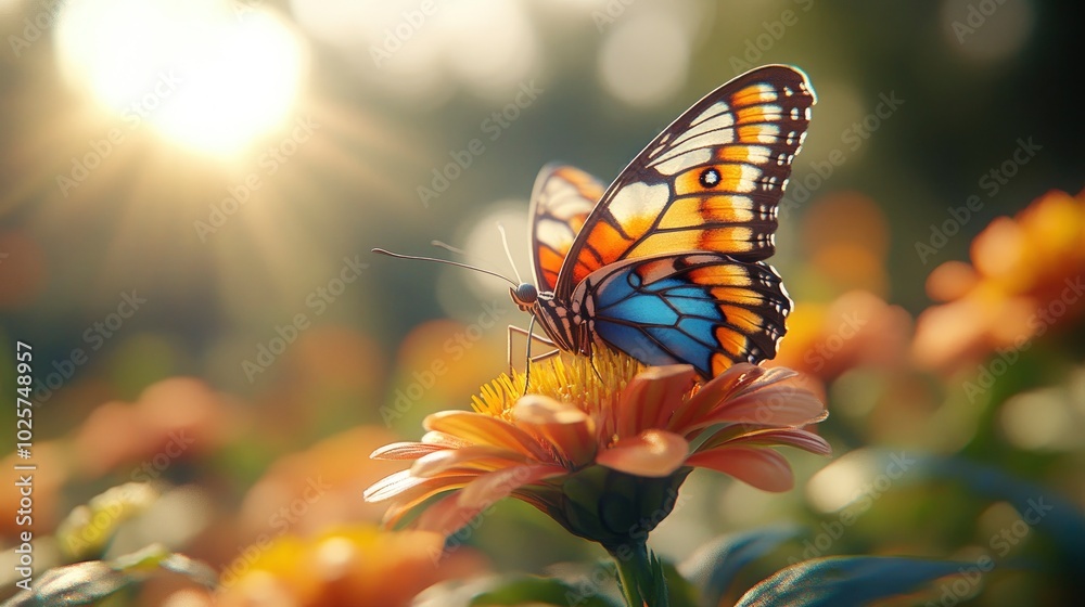 A captivating shot of a colorful butterfly resting on a vibrant flower in a sun-dappled garden. The butterfly’s intricate wing patterns and the rich colors of the flower create a beautiful and A captivating shot of a colorful butterfly resting on a vibrant flower in a sun-dappled garden. The butterfly’s intricate wing patterns and the rich colors of the flower create a beautiful and