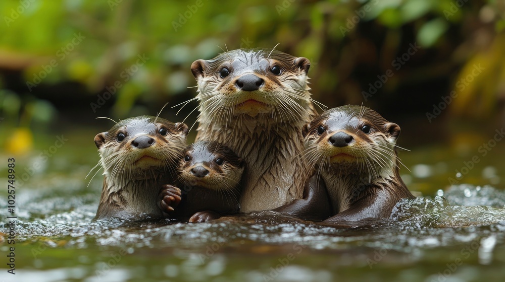 A charming photograph of a family of otters playfully interacting in a serene riverbank setting. The otters’ playful behavior and the surrounding natural beauty are captured in a lively and A charming photograph of a family of otters playfully interacting in a serene riverbank setting. The otters’ playful behavior and the surrounding natural beauty are captured in a lively and