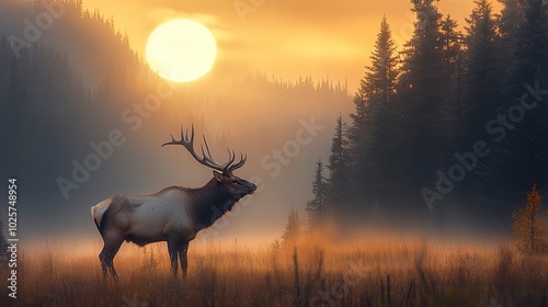 A serene image of a majestic elk standing in a misty mountain meadow at sunrise. The elkâ€™s impressive antlers and graceful form are illuminated by the soft morning light, creating a peaceful and photo