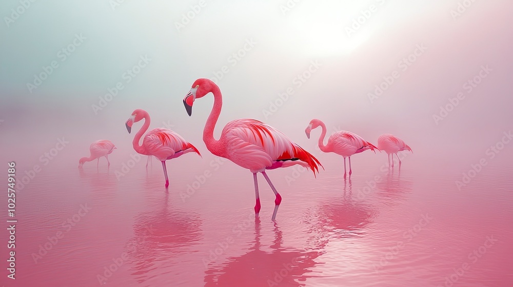 Obraz premium A dynamic image of a group of flamingos standing on one leg in a shallow, pink-hued lagoon. The flamingosâ€™ vibrant plumage and graceful poses are captured against the backdrop of the tranquil water