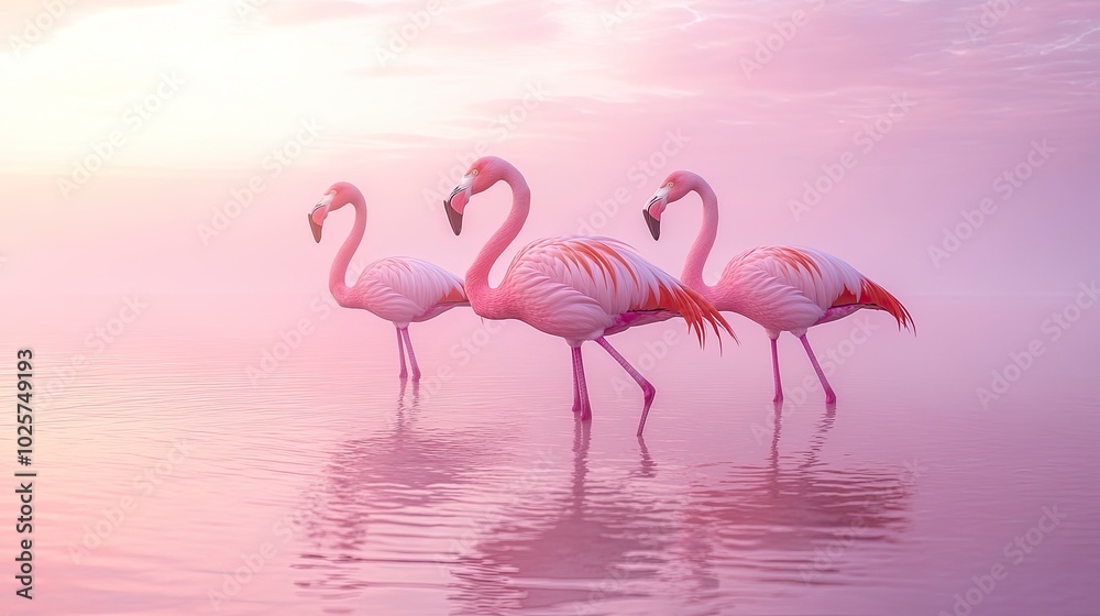 Obraz premium A dynamic image of a group of flamingos standing on one leg in a shallow, pink-hued lagoon. The flamingosâ€™ vibrant plumage and graceful poses are captured against the backdrop of the tranquil water