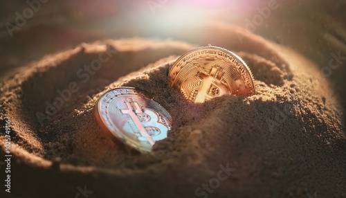 Ancient gold coins buried in the sand It symbolizes hidden treasure, buried gold, treasure hunting. photo