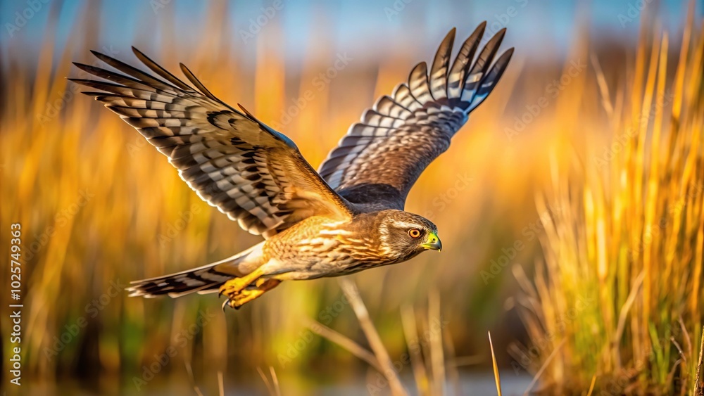 Fototapeta premium Close-up of Northern Harrier flying over a marsh land searching for prey