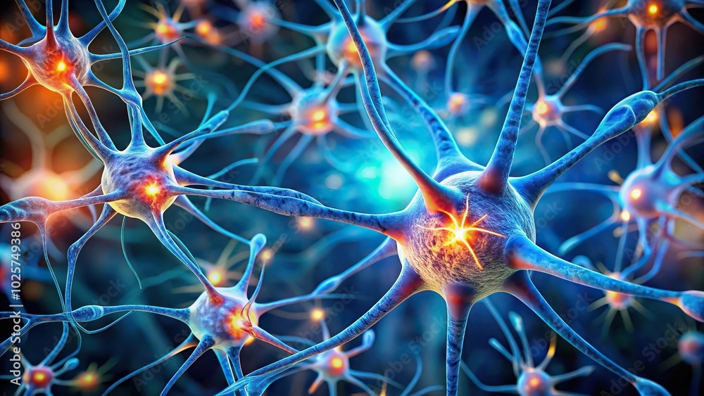 Close-up of neural cells under a microscope with silhouette effect, showing electrical activity in the brain Close-up of neural cells under a microscope with silhouette effect, showing electrical activity in the brain
