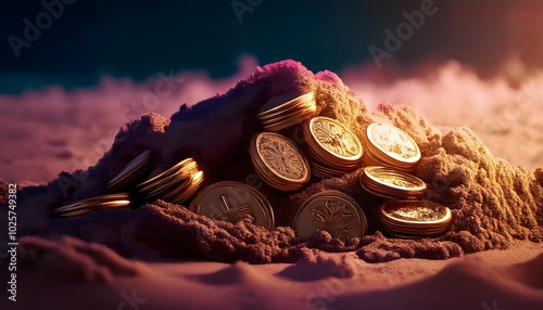 Ancient gold coins buried in the sand It symbolizes hidden treasure, buried gold, treasure hunting. photo