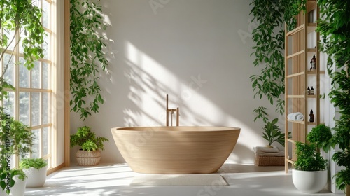 A serene Japandi bathroom with clean-lined fixtures