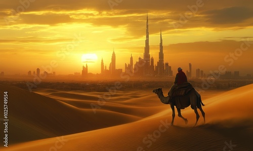Fototapeta Naklejka Na Ścianę i Meble -  A camel and rider traverse a desert with a city