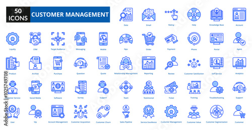 customer management blue icon set collection. account, agent, analytics, support, customer, data, email, rating, help, knowledge base
