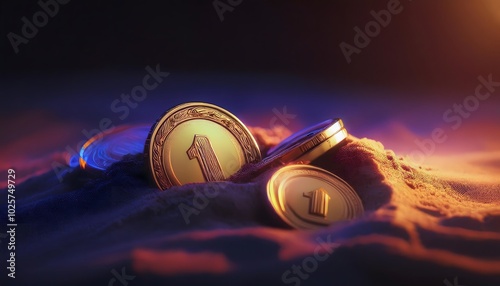 Ancient gold coins buried in the sand It symbolizes hidden treasure, buried gold, treasure hunting. photo