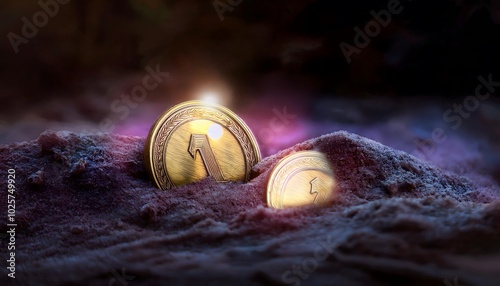 Ancient gold coins buried in the sand It symbolizes hidden treasure, buried gold, treasure hunting. photo