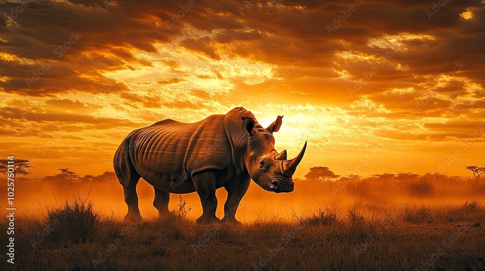 Fototapeta premium A striking photograph of a black rhinoceros standing proudly in the African savannah with a dramatic sunset in the background. The rhinocerosâ€™s powerful form and the expansive, golden landscape