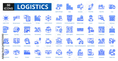 logistics blue icon set collection. truck, warehouse, container, forklift, supply chain, logistics manager, pallet, Parcel Box, route map, cargo ship
