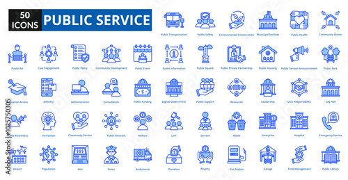 public service icon set collection. community center, public park, city hall, emergency service, public library, public transportation, public safety, environmental, municipal services, healthcare
