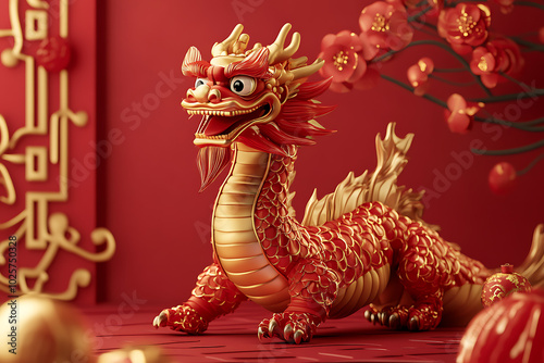 A stylized red dragon figurine set against a vibrant background, symbolizing culture and celebration.