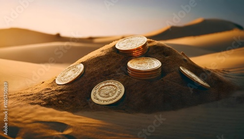 Ancient gold coins buried in the sand It symbolizes hidden treasure, buried gold, treasure hunting. photo