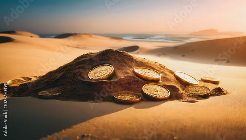 Ancient gold coins buried in the sand It symbolizes hidden treasure, buried gold, treasure hunting. photo