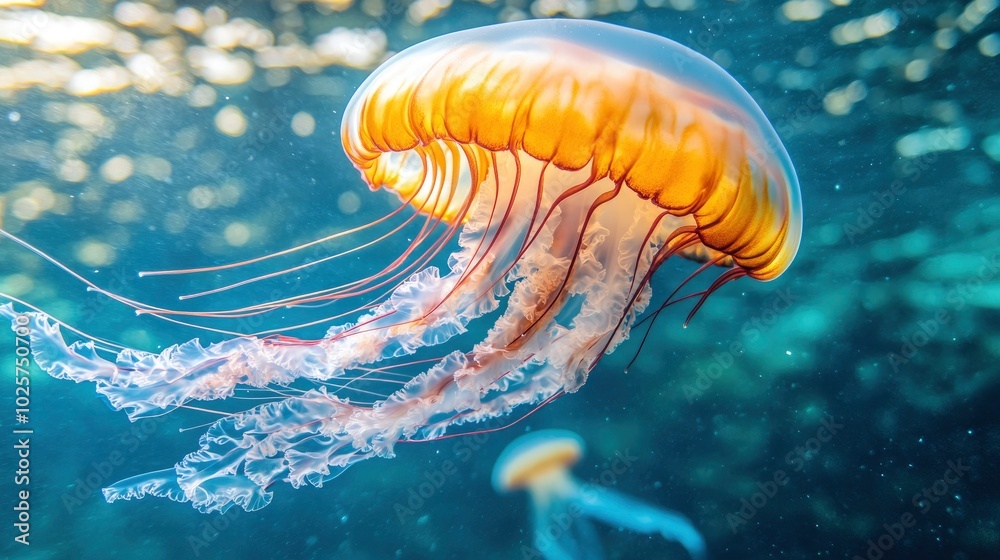 A captivating shot of a colorful jellyfish drifting gracefully through the clear blue waters of the ocean. The jellyfishâ€™s translucent, flowing tentacles and the vibrant underwater scenery create a