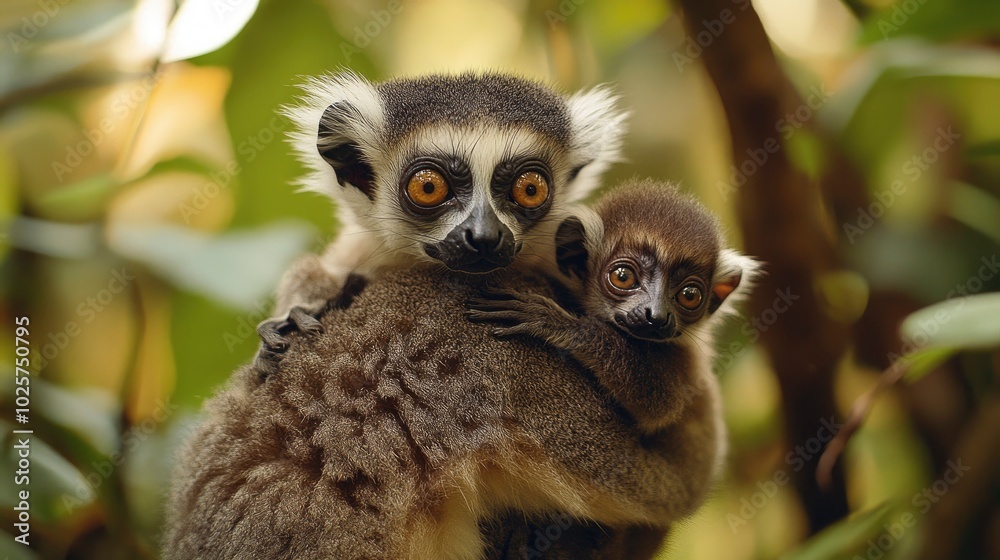 Fototapeta premium A charming photograph of a young lemur clinging to its mother back in a lush Madagascan forest. The lemurâ€™s playful behavior and the rich, green foliage create a heartwarming and endearing scene.