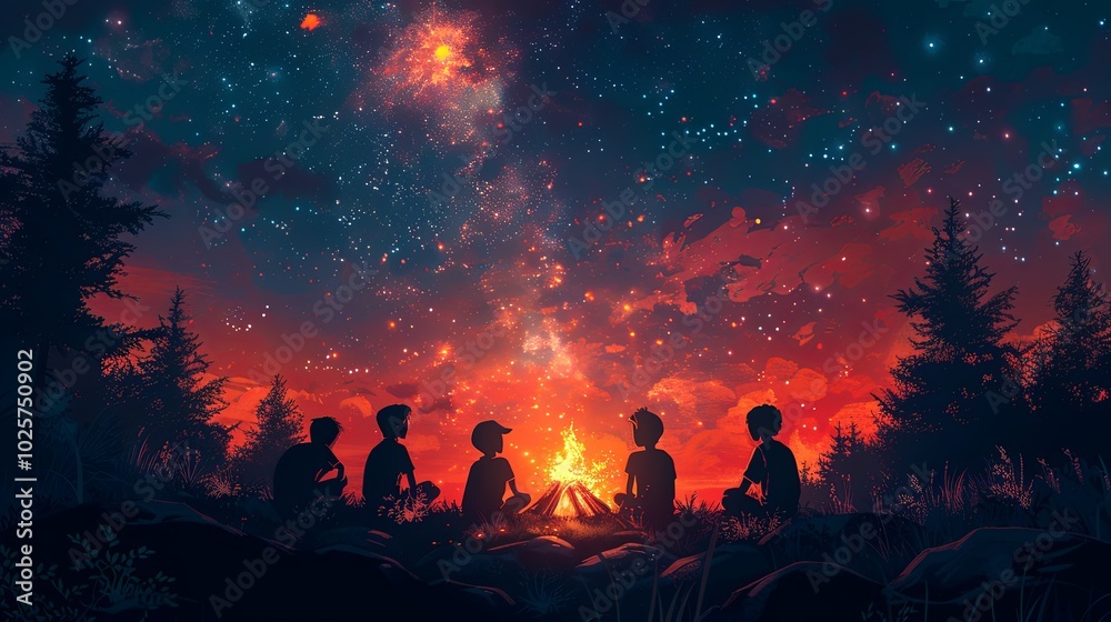 gouache illustration of night gatherings around a campfire in the village. children's silhouettes near the campfire on the background of a night house with a garland. outdoor Leisure gouache illustration of night gatherings around a campfire in the village. children's silhouettes near the campfire on the background of a night house with a garland. outdoor Leisure