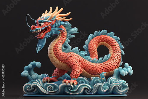 A vibrant, stylized dragon sculpture amidst swirling waves, showcasing artistic craftsmanship.