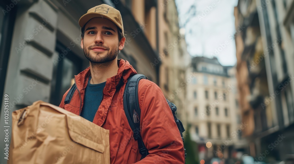 Young delivery man with backpack and paper package walking on city street, urban background, daytime. Young delivery man with backpack and paper package walking on city street, urban background, daytime.
