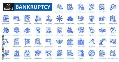 bankruptcy blue icon set collection. Recession, Insolvency Warning, Debt Overload, Credit Default, Bankruptcy Declaration, Economic Downturn, Liquidation Process, Financial Meltdown, Debt Burdens
