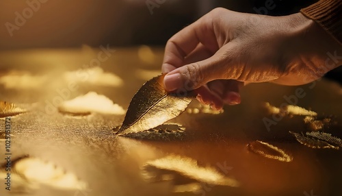 Gold leaf gently applied to a surface by hand, showing craftsmanship and care, gold leafing,