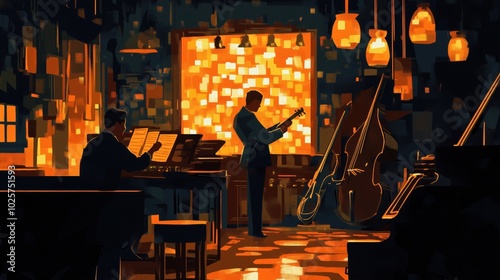 Jazz musicians performing in warm-lit bar, vibrant atmosphere, instruments visible photo