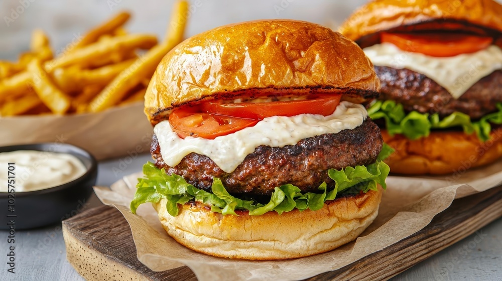 Delectable homemade burgers with fresh toppings and a side of crispy fries, showcasing the appeal of quality ingredients, casual gourmet concept Delectable homemade burgers with fresh toppings and a side of crispy fries, showcasing the appeal of quality ingredients, casual gourmet concept