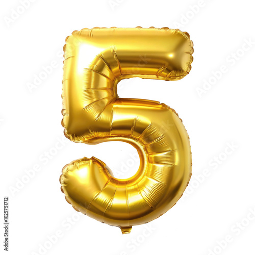 Golden number 5 metallic balloons on a clean white background, perfect for celebrating milestones, anniversaries, birthdays, or achievements. Vibrant, festive, and elegant party decor.