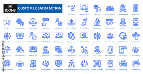 customer satisfaction blue icon set collection. Happy Customer, Customer Support, Satisfaction Survey, Quality Service, Feedback Loop, Five Star Rating, Responsive Service, Customer Experience
