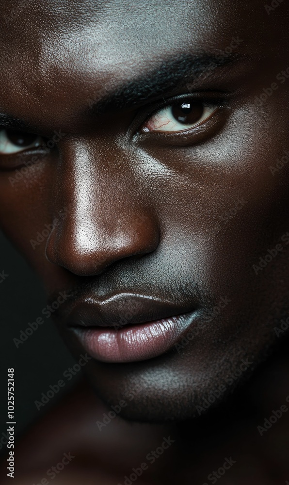 Close-up of a man's face with brown skin. Close-up of a man's face with brown skin.
