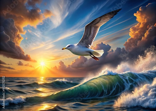Majestic seabird gliding effortlessly above the shimmering ocean waves at sunrise or sunset