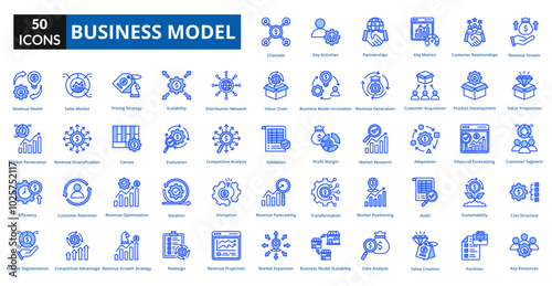 business model icon set collection. Revenue Stream, Value Proposition, Customer Segment, Cost Structure, Key Resources, Channels, Key Activities, Partnerships, Key Metrics, Customer Relationships
