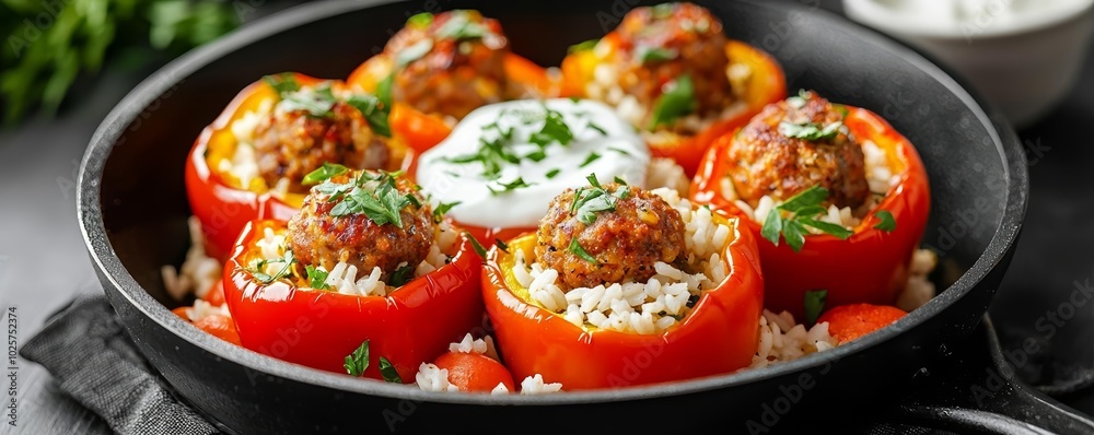 Hearty and vibrant dish of mini bell peppers stuffed with spiced sausage and rice, beautifully presented in a skillet, garnished with yogurt, wholesome meal concept Hearty and vibrant dish of mini bell peppers stuffed with spiced sausage and rice, beautifully presented in a skillet, garnished with yogurt, wholesome meal concept