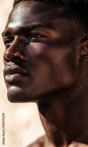 Close-up of a man's face, dark skin, sun-kissed.