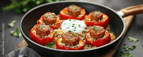 Hearty and vibrant dish of mini bell peppers stuffed with spiced sausage and rice, beautifully presented in a skillet, garnished with yogurt, wholesome meal concept