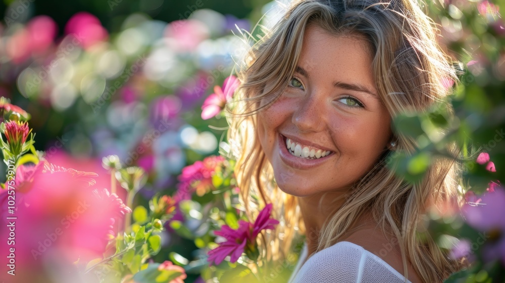 Smiling woman in a colorful flower garden, bright sunlight enhancing her joy and beauty, surrounded by blooming flowers. Smiling woman in a colorful flower garden, bright sunlight enhancing her joy and beauty, surrounded by blooming flowers.