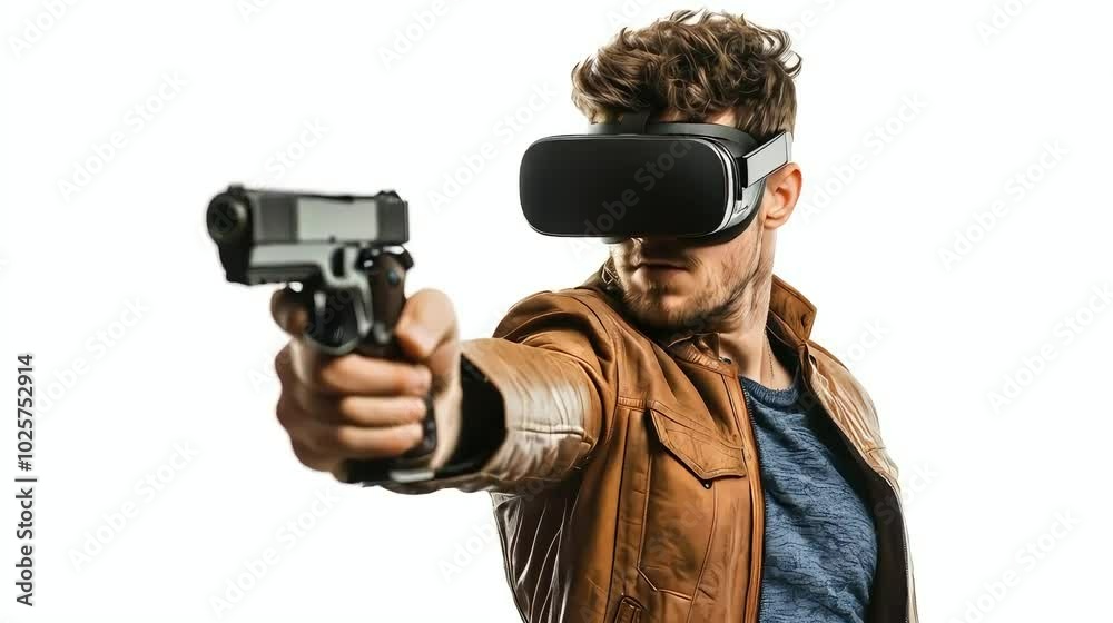 the man with the gun is wearing VR