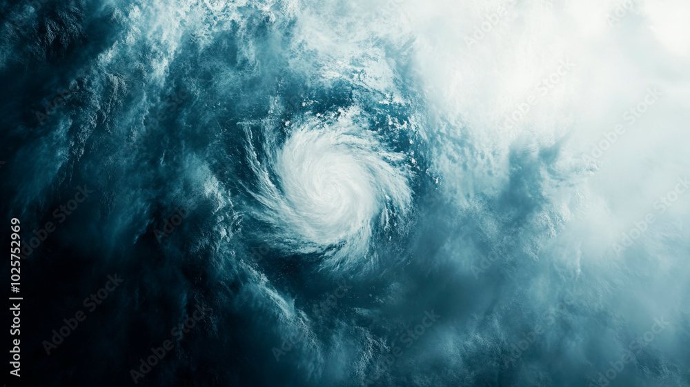 Fototapeta premium Dramatic aerial view of a swirling cyclone or hurricane storm cloud formation, dark and powerful atmospheric vortex isolated on a white and blue sky background.